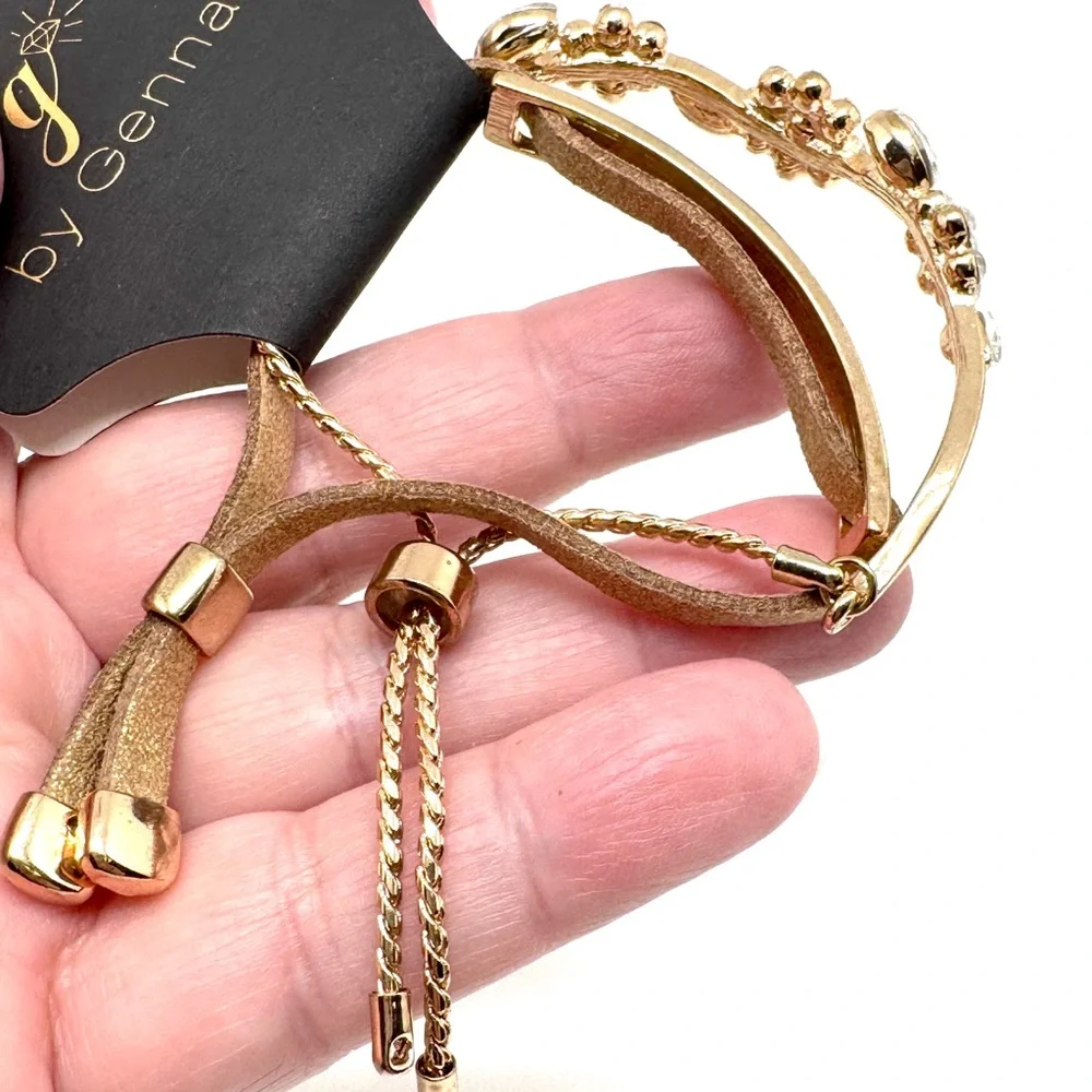 Gennaro Gold Tone Floral Crystal and Leather Bracelet Set